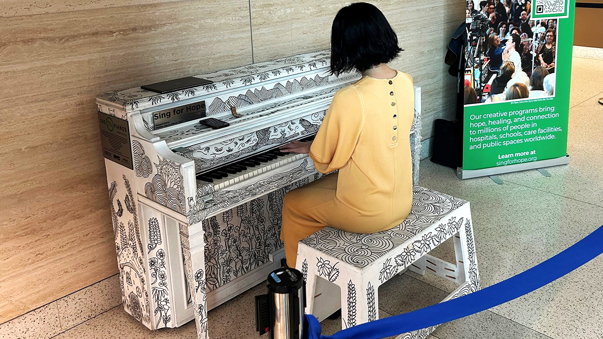 Martha Kato sharing her talent on the new Sing for Hope Piano at South Brooklyn Health